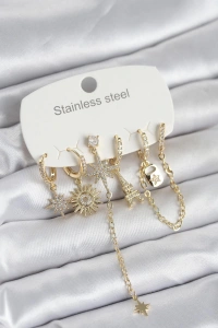 316L Çelik Gold Renk 6lı Set Charmlı Kadın Küpe