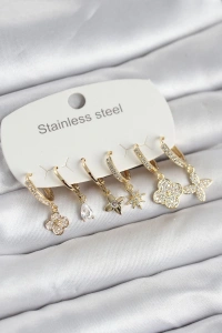 316L Çelik Gold Renk 6lı Set Yonca Model Kadın Küpe