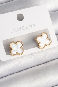 316L Çelik Gold Renk Beyaz Minelik Yonca Model Kadın Küpe