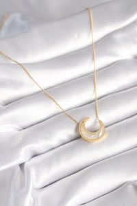 316L Çelik Gold Renk Beyaz Sedefli Hilal Model Kadın Kolye