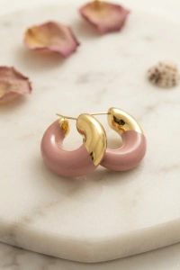 316L Çelik Gold Renk Pembe Halka Model Kadın Küpe