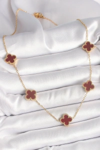 316L Çelik Gold Renk Zincir Bordo Yonca Model Kadın Kolye