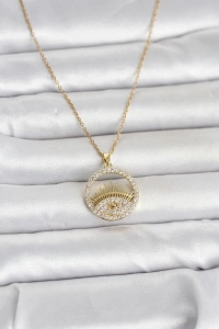 316L Çelik Gold Renk Zirkon Taşlı Göz Model Kadın Kolye
