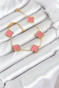 316L Çelik Gold Zincir Pembe Yonca Renk Bileklik