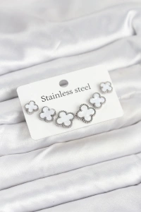 316L Çelik Gümüş Beyaz Renk 3 Boy Yonca Küpe Seti