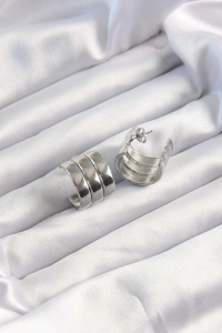 316L Çelik Gümüş Renk 3lü Görünüm Bombe Model Yarım Halka Küpe