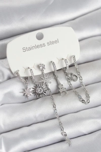 316L Çelik Gümüş Renk 6lı Set Charmlı Kadın Küpe