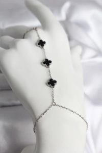 316L Çelik Gümüş Renk Siyah Yonca Model Kadın Şahmeran