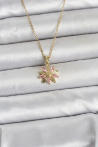 316L Çelik Zincir Gold Renk Pembe Papatya Model Kadın Kolye