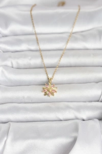 316L Çelik Zincir Gold Renk Pembe Papatya Model Kadın Kolye