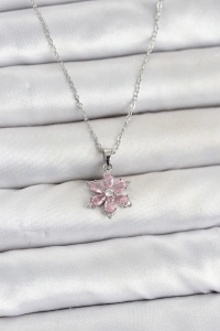316L Çelik Zincir Gümüş Renk Pembe Zirkon Taşlı Lotus Model Kadın Kolye