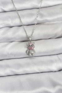 316L Çelik Zincir Gümüş Renk Teddy Bear Model Zirkon Taşlı Kadın Kolye