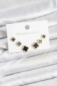 316L Çelik Zirkon Taşlı Yonca Model Kadın Küpe Seti