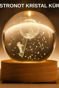3D Astronot Kristal Küre Gece Lambası USB Ahşap Standlı Dekoratif Işık