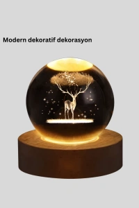 3D Geyik Desenli Kristal Küre USB Işıklı Ahşap Tabanlı Oda Lambası
