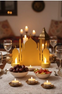 3D İki Mumlu Cami Dekor 2 Pilli LED Mum Hediyeli Masa Üstü Süs