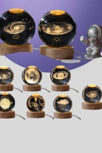 3D Lazer İşlemeli Galaksi Küre USB LED Ahşap Standlı Oda Gece Lambası