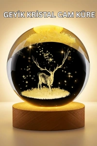 3D Lazer İşlemeli Geyik Kristal Küre Sıcak Işıklı Gece Aydınlatması