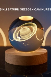3D Satürn Gravürlü Kristal Küre Dekoratif LED Işıklı Gece Lambası