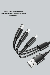 3’ü 1 Arada Hızlı Şarj Kablosu – iOS Android Type-C Uyumlu
