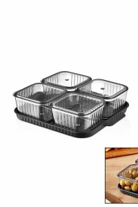 4 Bölmeli Akrilik Pratik Sızdırmaz Kapaklı Tepsili Kahvaltılık Seti