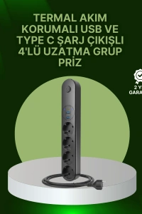 4 Priz 2 USB 1 Type-C Akım Korumalı Çoklu Priz Led Anahtarlı