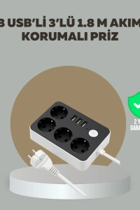 4 Prizli 3 USB Portlu Anahtarlı Akım Korumalı Priz