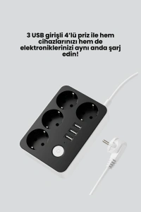 4 Prizli 3 USB Portlu Anahtarlı Akım Korumalı Priz