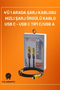 4ü 1 Arada USB Hızlı Şarj ve Veri Kablosu – 65W Güç, Çoklu Bağlantı, 1.2m