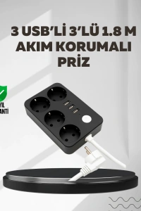 4.1A Hızlı Şarjlı Akım Korumalı 4 Priz ve 3 USB Çıkışlı Priz
