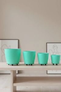 4’lü 3D Ayaklı Yeşil Saksı Seti Dekoratif Modern Tasarım