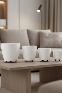 4’lü 3D Beyaz Ayaklı Saksı Seti Modern Minimal Dekoratif Vazo