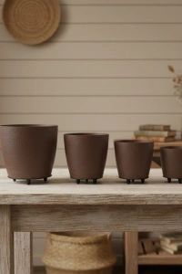 4’lü 3D Şık Kahverengi Vazo Seti Modern Ayaklı Saksı