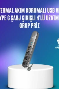 4’lü Çoklu Priz 2 USB Type-C Girişli Akım Korumalı Siyah