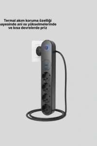 4’lü Çoklu Priz 2 USB Type-C Girişli Akım Korumalı Siyah