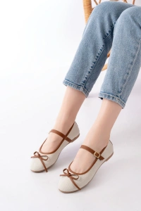 6321 Bej Keten Günlük Baret Tokalı Bayan Babet