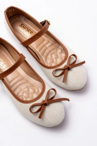 6321 Bej Keten Günlük Baret Tokalı Bayan Babet