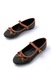 6321 Siyah Keten Günlük Baret Tokalı Bayan Babet