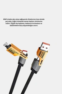 65W Çoklu Şarj Kablosu 4’ü 1 Arada Örgülü Hızlı Veri Aktarım USB-C USB-A