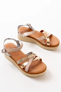 730-015 Bej Garni Ortopedik Hakiki Deri Dolgu Kadın Sandalet