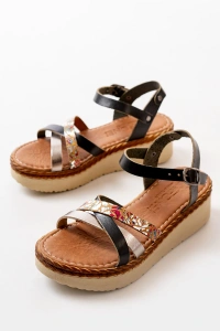 730-015 Siyah Garni Ortopedik Hakiki Deri Dolgu Kadın Sandalet