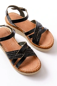 730-138 Siyah Örgü Hakiki Deri Ortopedik Taban Kadın Sandalet