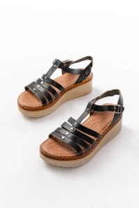 730-142 Siyah Hakiki Deri Ortopedik Taban Kadın Sandalet