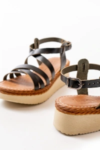 730-153 Siyah Ortopedik Hakiki Deri Dolgu Kadın Sandalet