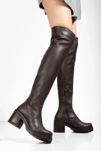 767-3010 Kahve Streç Günlük Kalın Topuklu Kadın Çizme