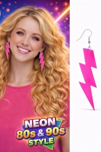 80’ler 90lar Retro Neon Pembe Şimşek Küpe 10 cm