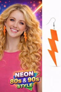 80’ler 90lar Retro Neon Turuncu Şimşek Küpe 10 cm