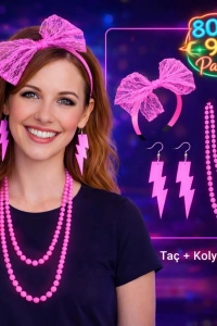 80’ler 90’lar Neon Pembe Parti Seti – Kolye Küpe Taç
