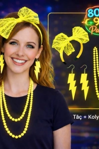 80’ler 90’lar Neon Sarı Parti Seti – Kolye Küpe Taç