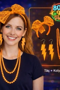 80’ler 90’lar Neon Turuncu Parti Seti – Kolye Küpe Taç